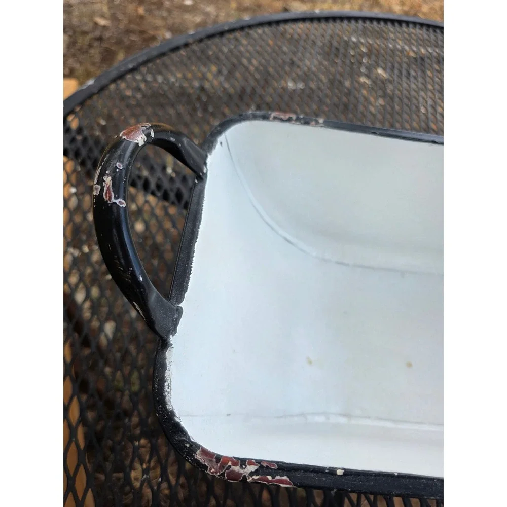 Vintage Enamelware Trough Planter White Black Trim Distressed Farmhouse Basin